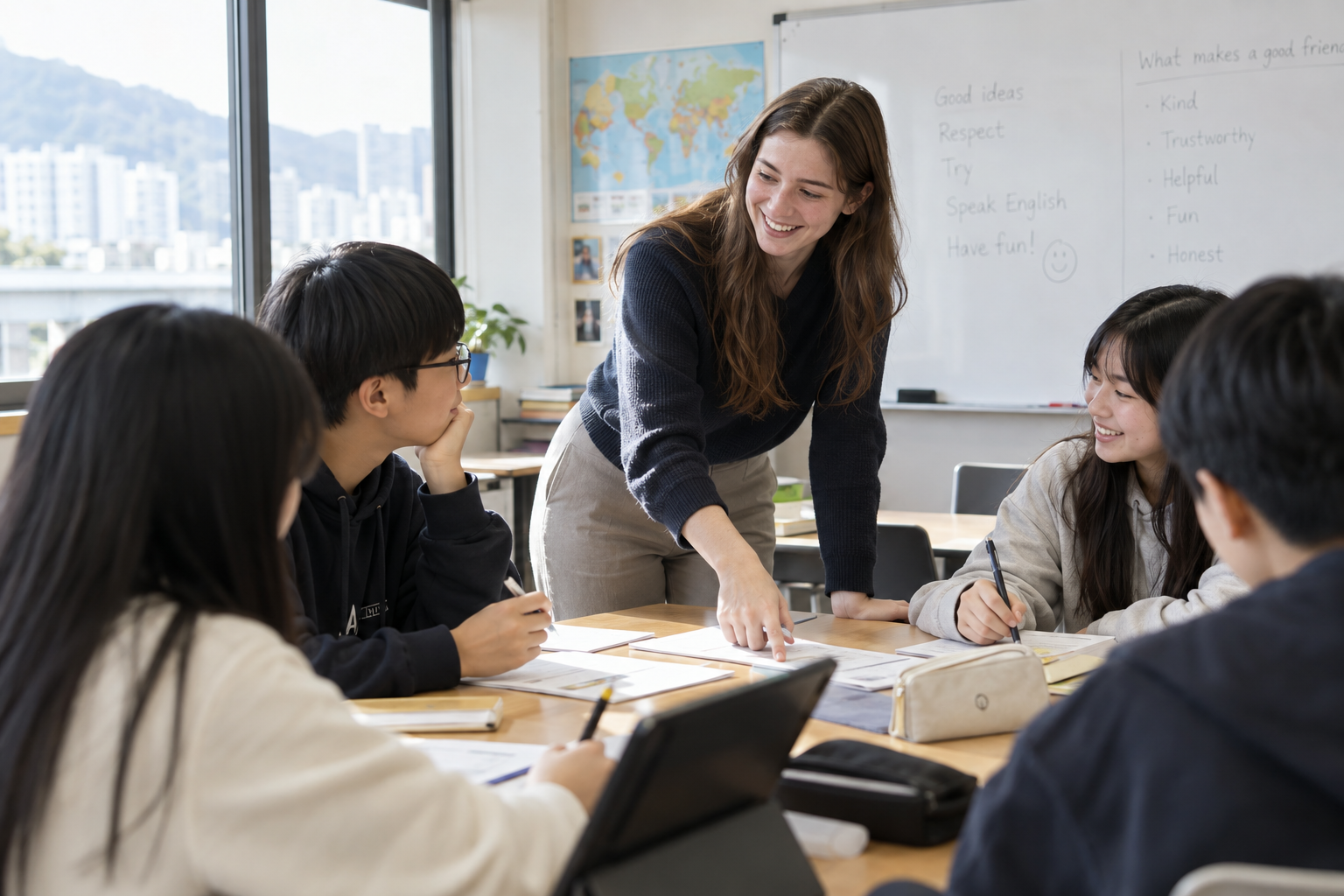 An English teacher leading a small group activity in a South Korean classroom